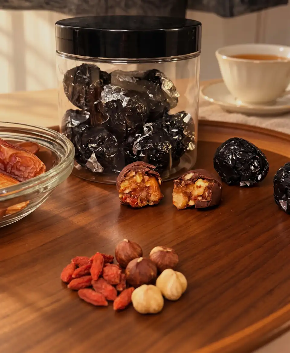 Pot transparent de DUNE rempli de boules chocolatées sous papier noir, deux boules coupées montrant la garniture, noisettes et baies de goji devant une tasse de thé, sur un plateau en bois.